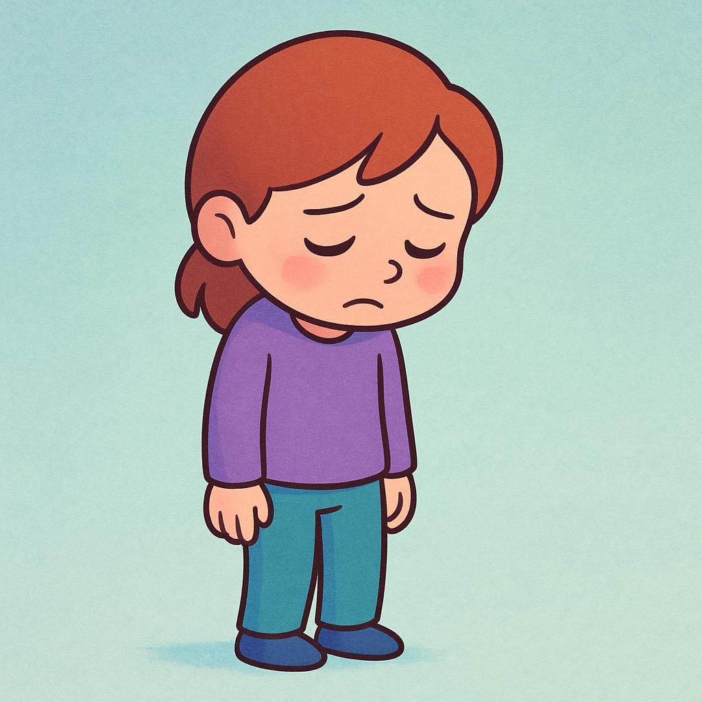 A simple cartoon figure standing alone, looking down with a deeply ashamed and guilty expression, with shoulders slumped.