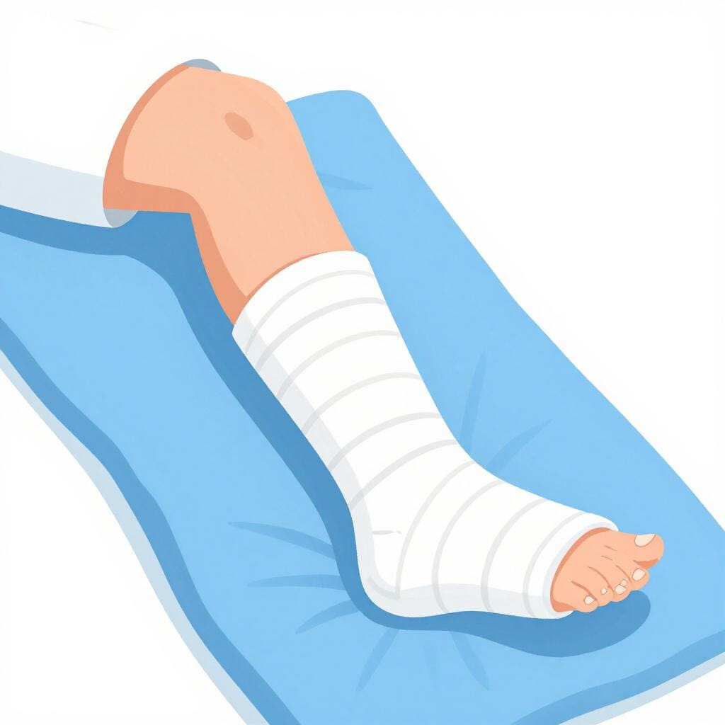 A leg in a bright white cast resting on a pillow to keep it still.