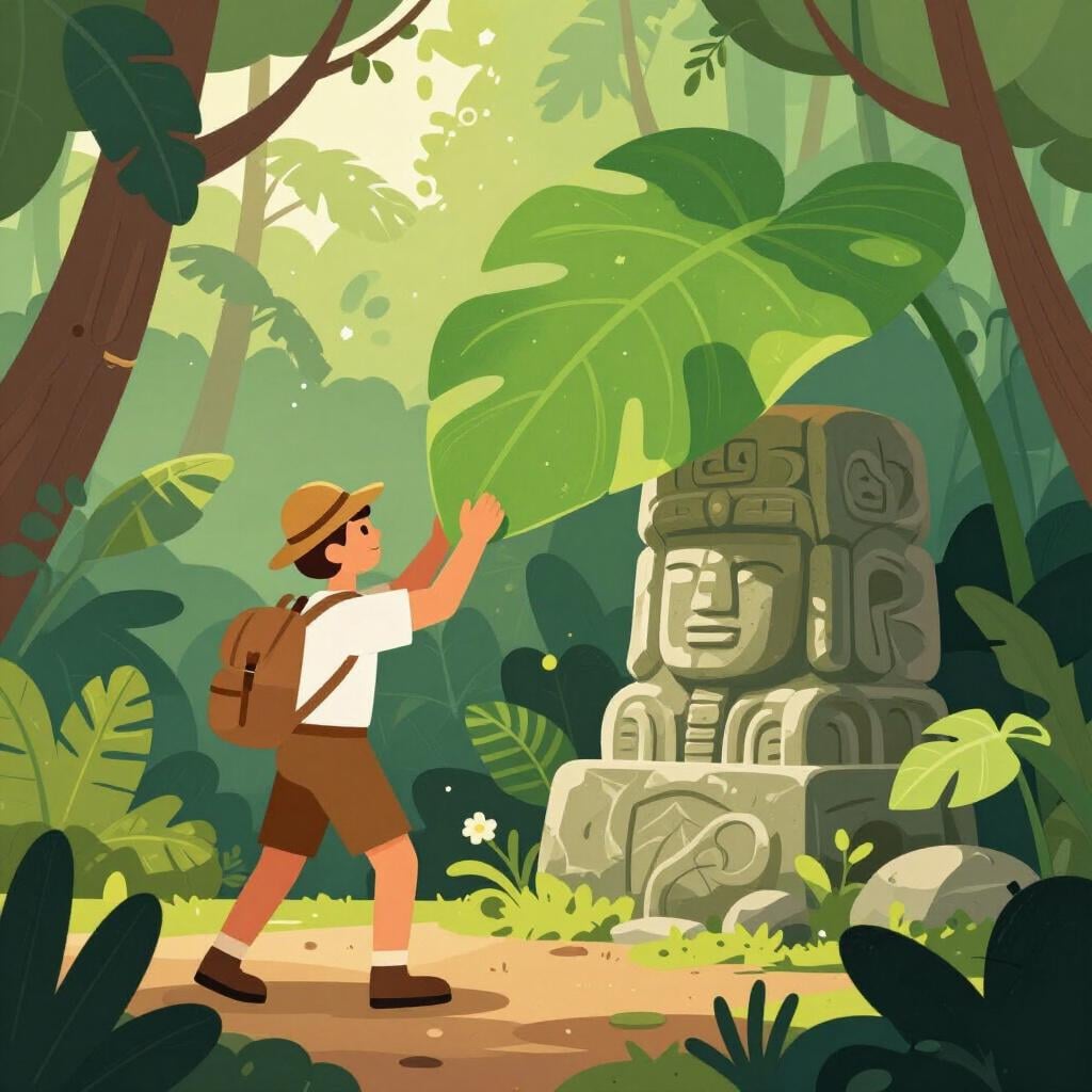 An explorer in a lush jungle lifting a large leaf to reveal a hidden, ancient stone statue.