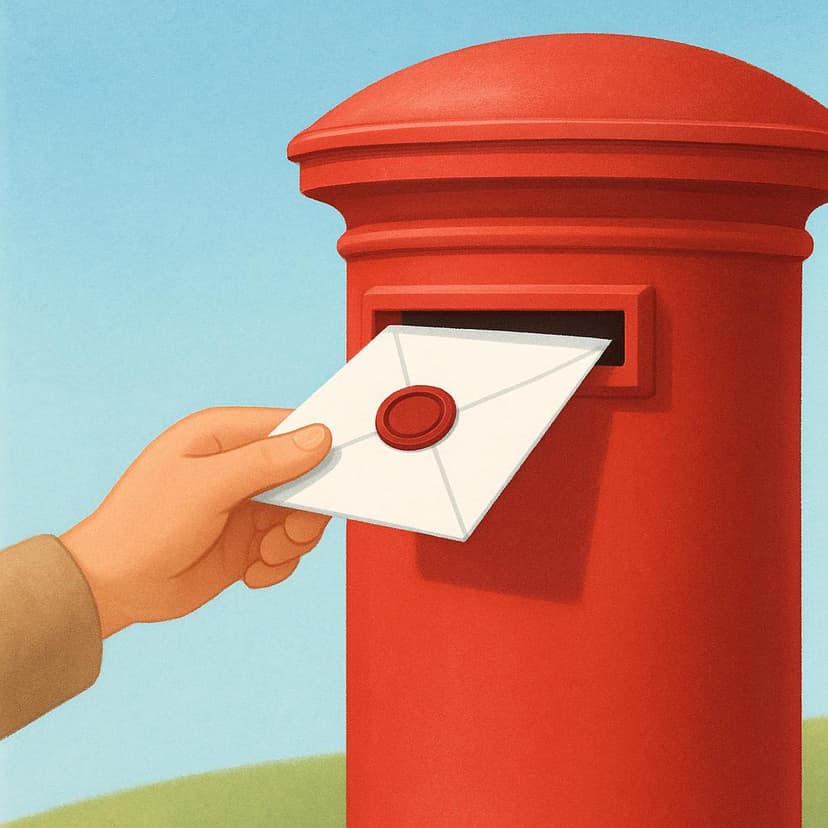A human hand placing a white sealed letter into the slot of a bright red cylindrical mailbox, symbolizing the action of sending mail.