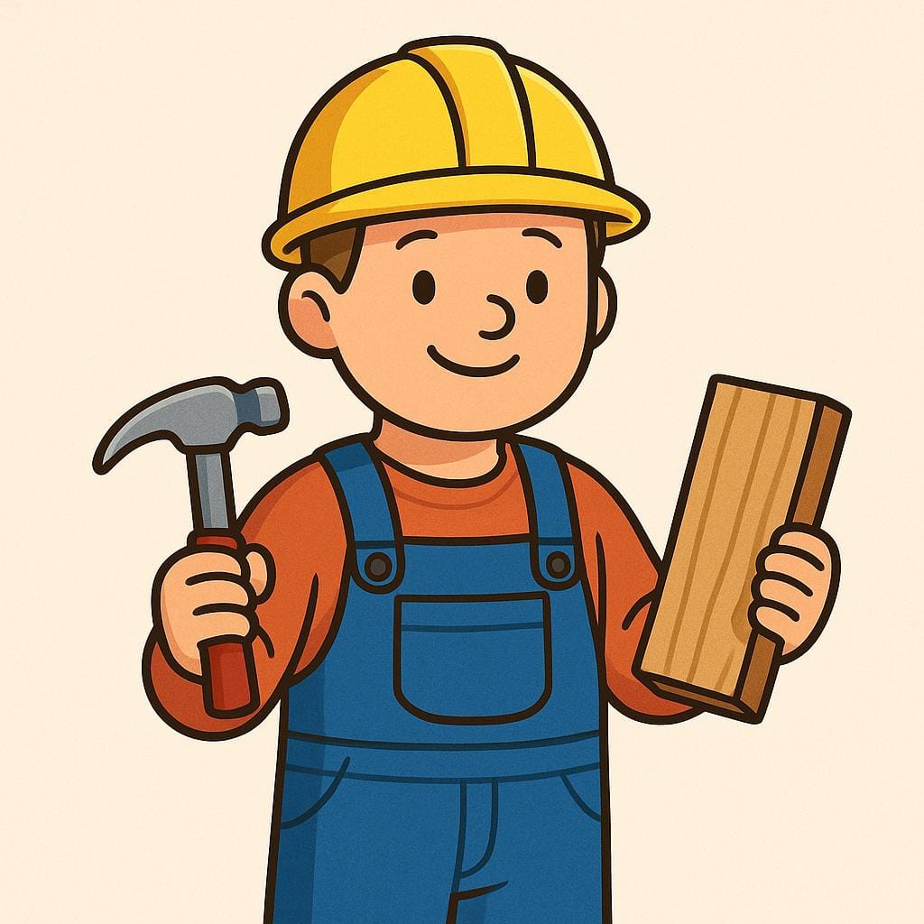 A smiling construction worker wearing a yellow hard hat and blue overalls, holding a hammer and a piece of wood.