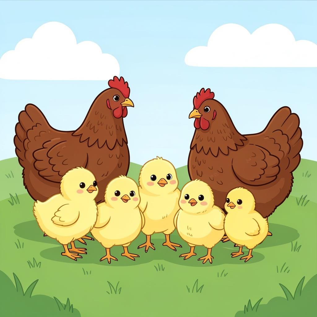 A group of fluffy yellow chicks and brown chickens standing in a green field.