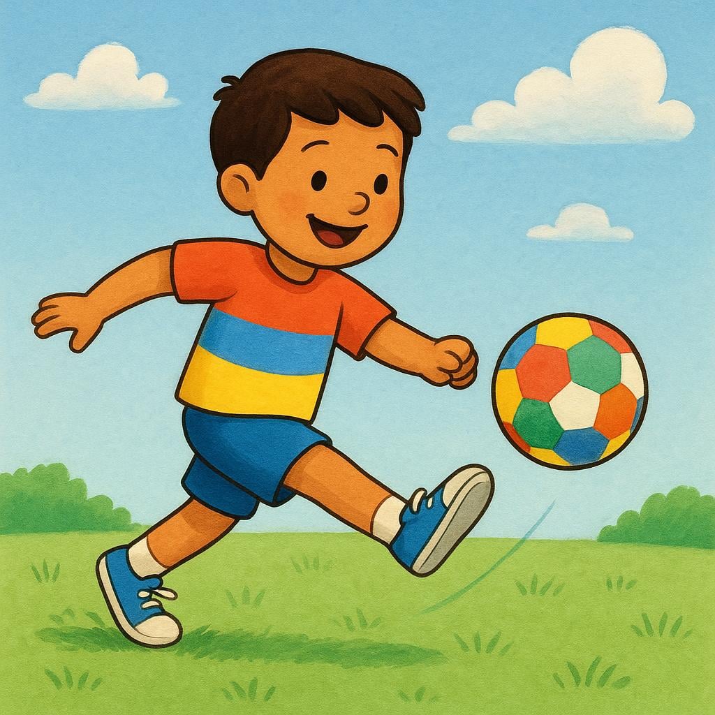 A smiling child in a bright shirt happily kicking a soccer ball in a grassy field.