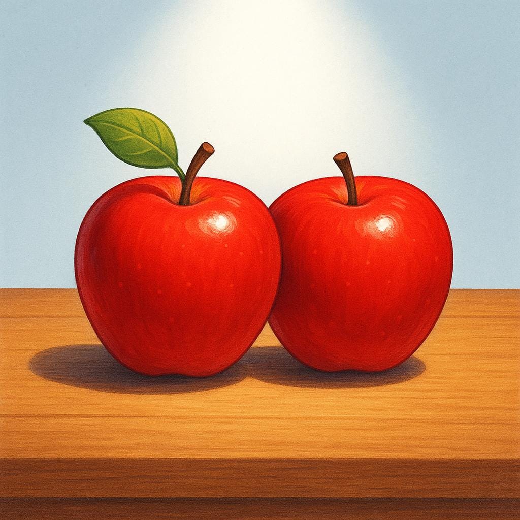 Deux pommes rouges vives identiques posées côte à côte sur une surface simple, illuminées intensément par un faisceau de lumière focalisé, symbolisant le fait d'être identifiées ou nommées.