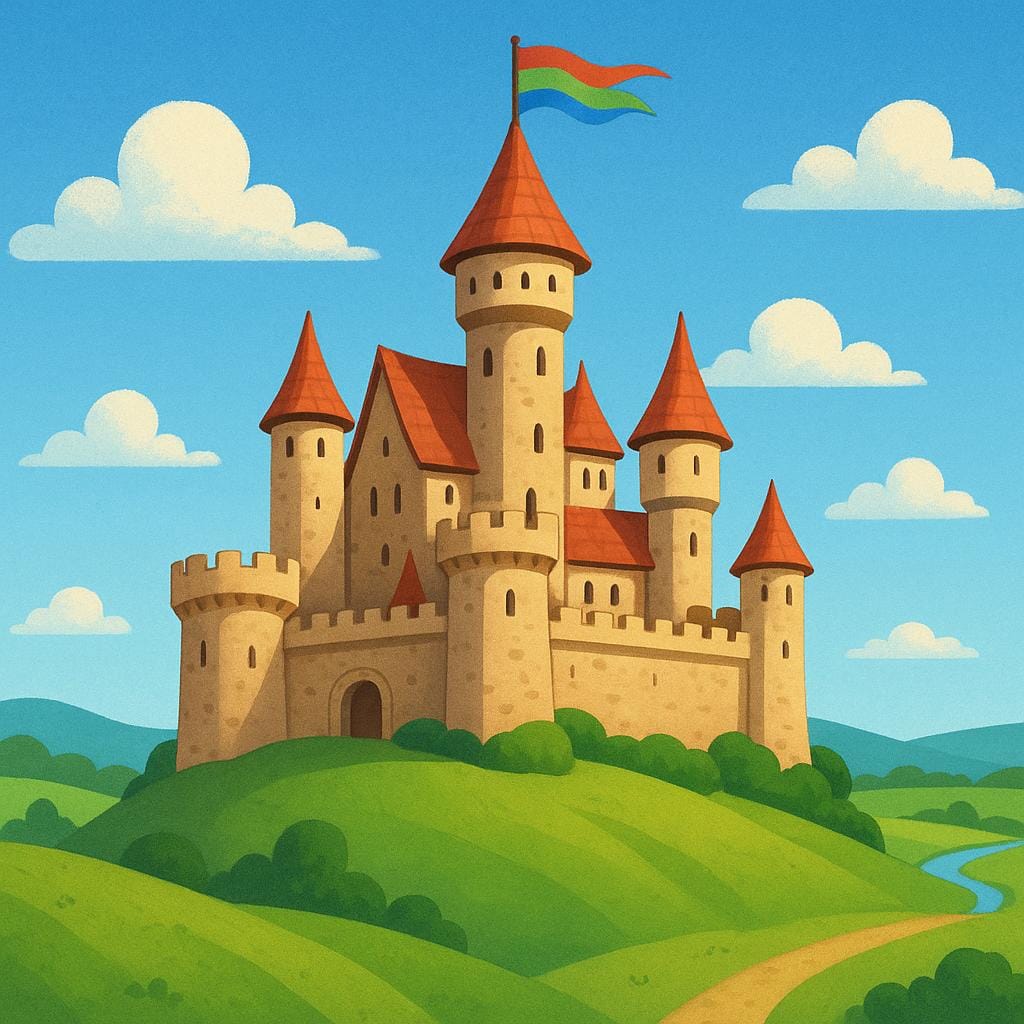 A majestic, stylized medieval European castle with a tall central tower, situated prominently atop a hill, symbolizing the territory controlled by an Earl or Count.