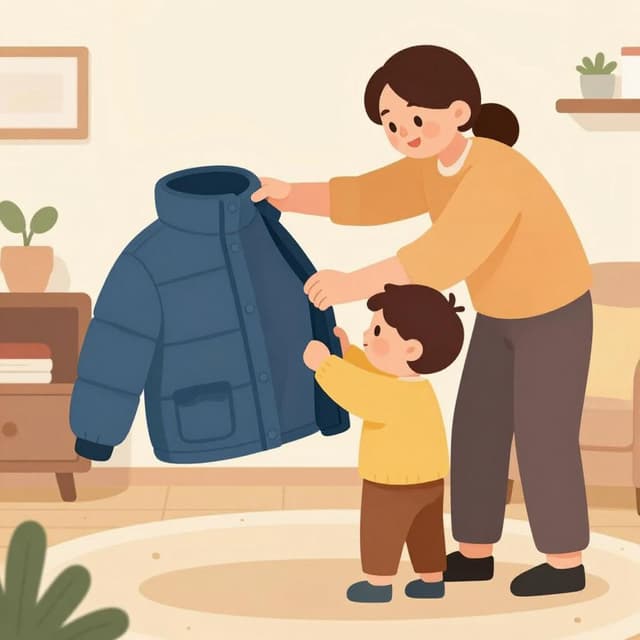 A kind parent gently helping a young child take off a colorful winter coat in a cozy room.