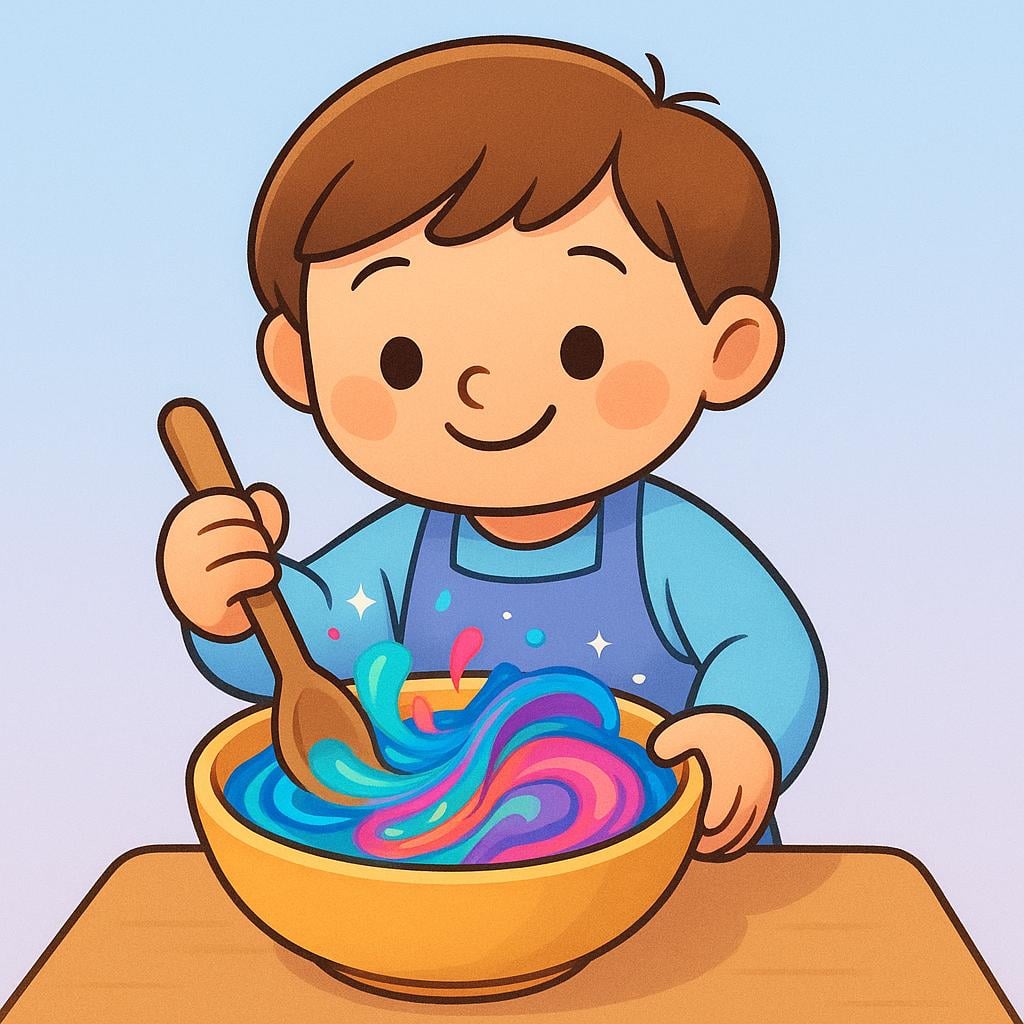 A cheerful cartoon character is gently stirring a bowl filled with brightly colored, swirling liquid using a wooden spoon, symbolizing the stirring of emotions or feelings.