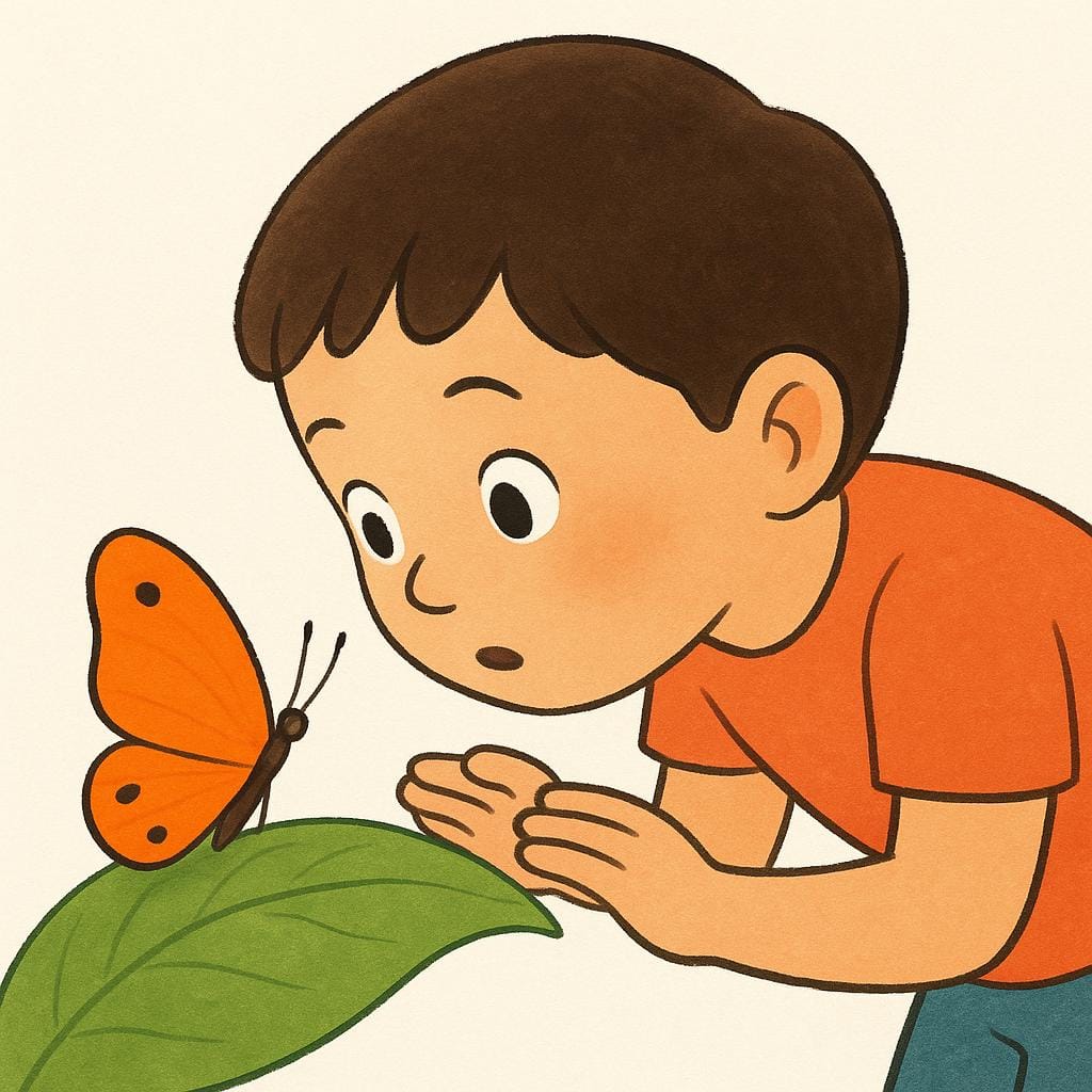 蝶が葉っぱにとまっているのを、熱心に目を丸くして前のめりになっている若い学生。