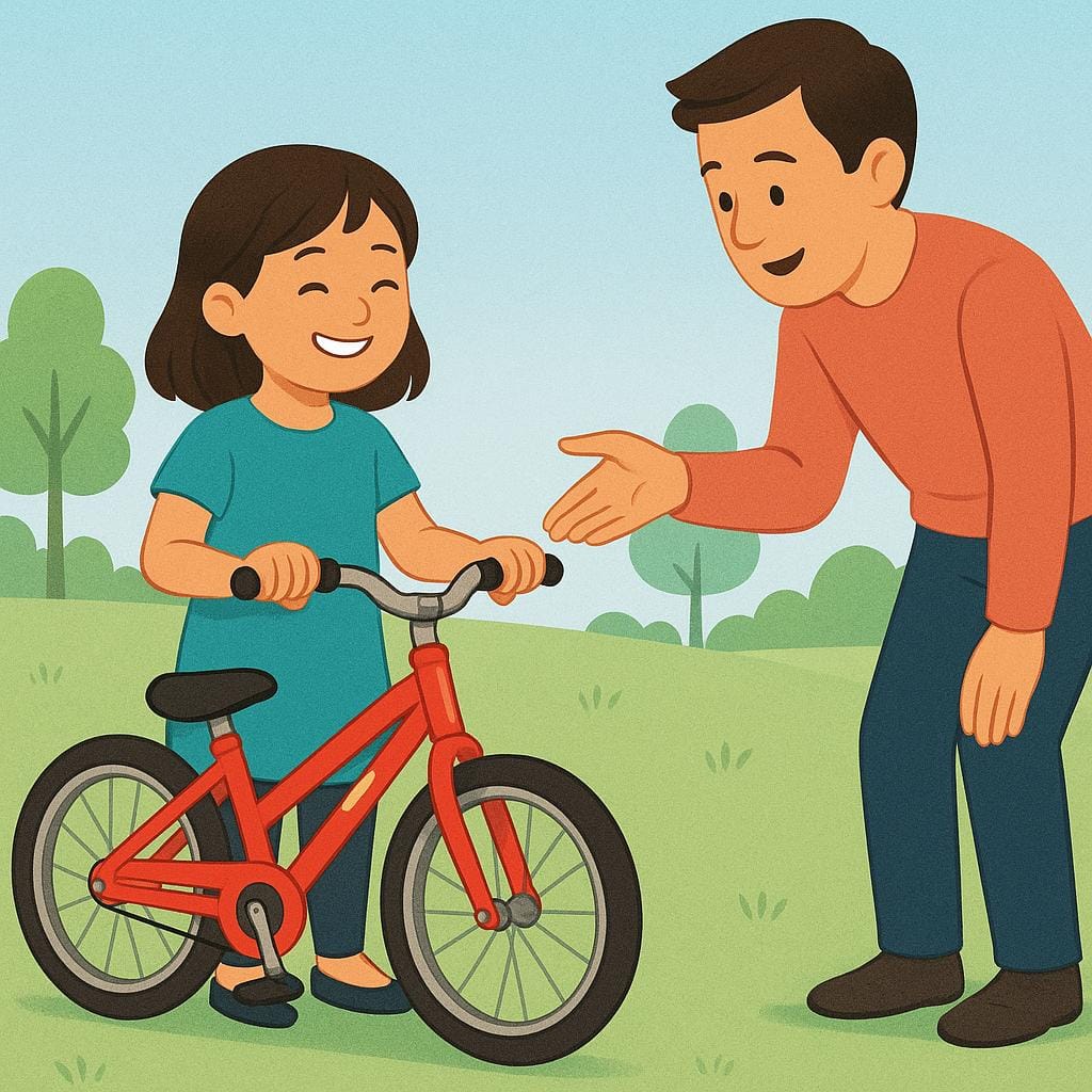 Ein fröhliches junges Mädchen steht neben einem leuchtend roten Fahrrad, während ein Erwachsener auf das Fahrrad zeigt und bestätigt, dass es ihr gehört.