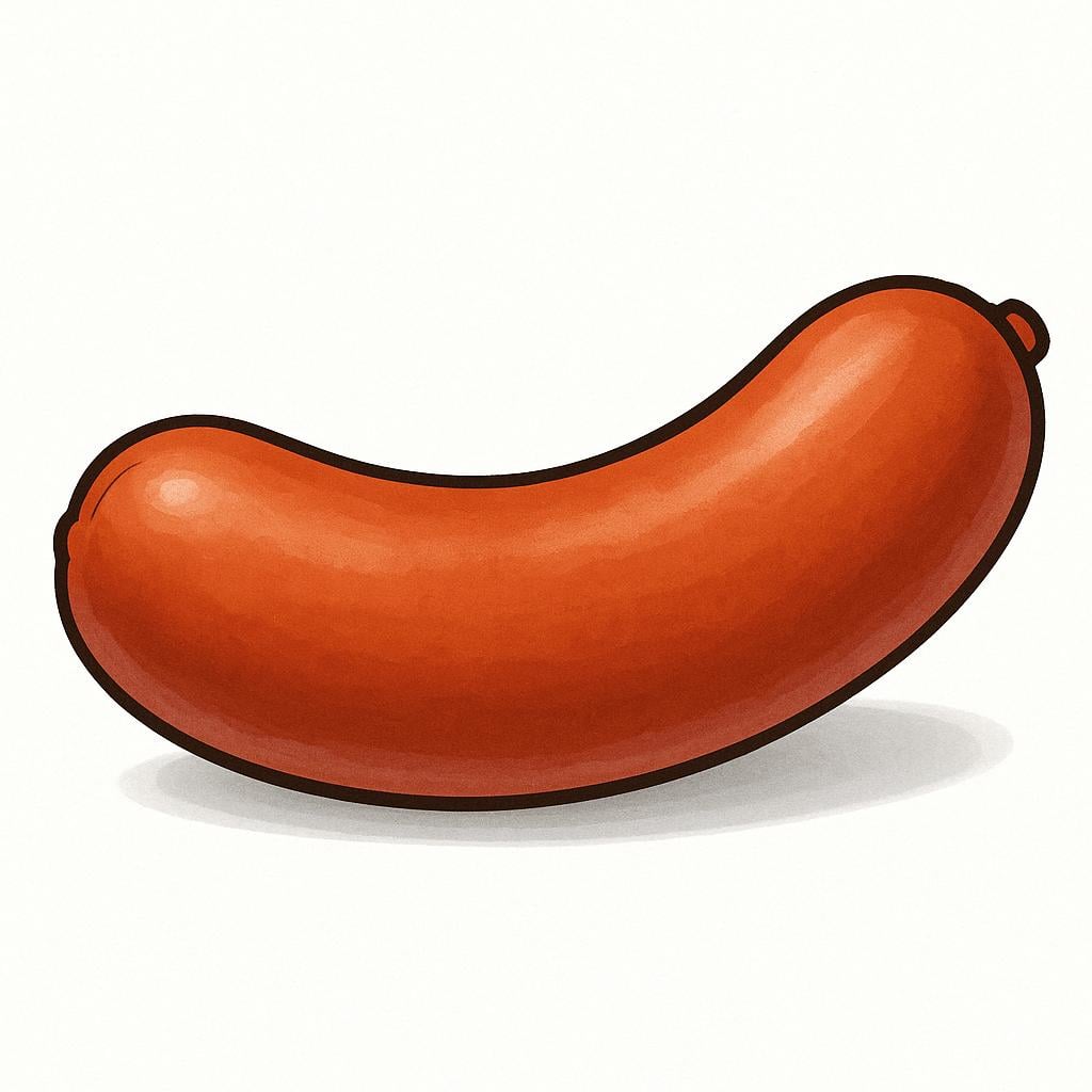 A single, plump, reddish-brown cooked frankfurter sausage, suitable for a hot dog, resting on a simple background.