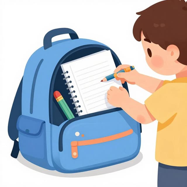 A child packing a backpack with school supplies on a wooden table.