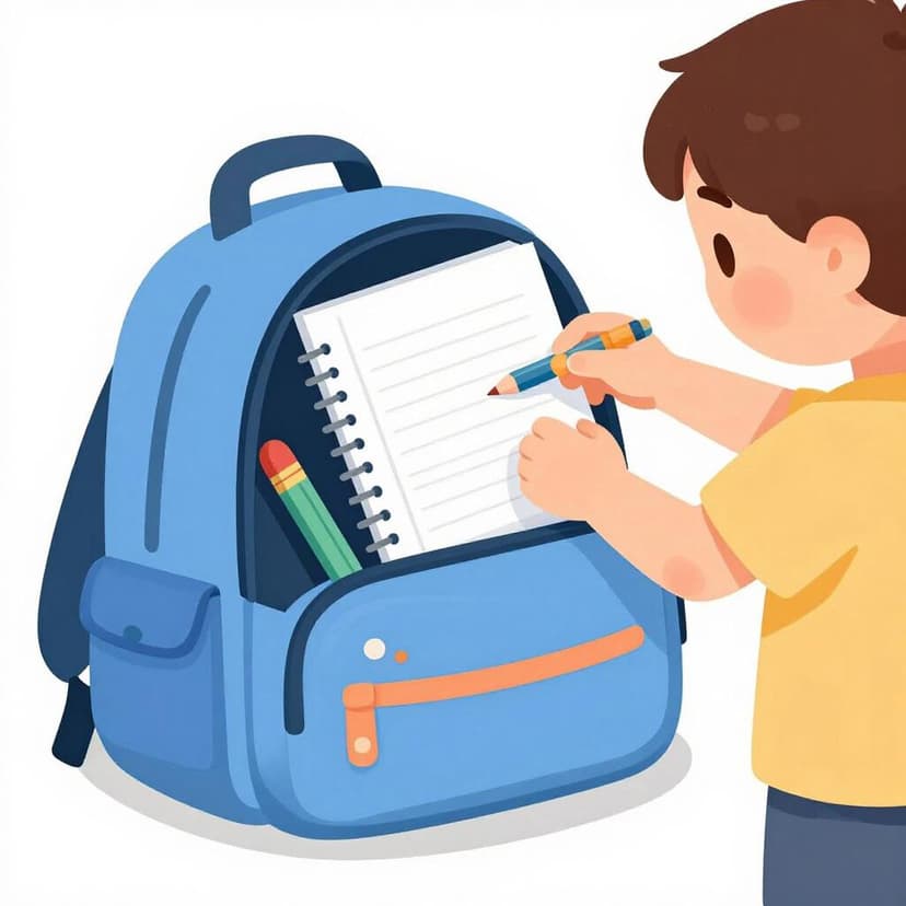 木製のテーブルの上で、学用品が入ったバックパックを詰めている子供。