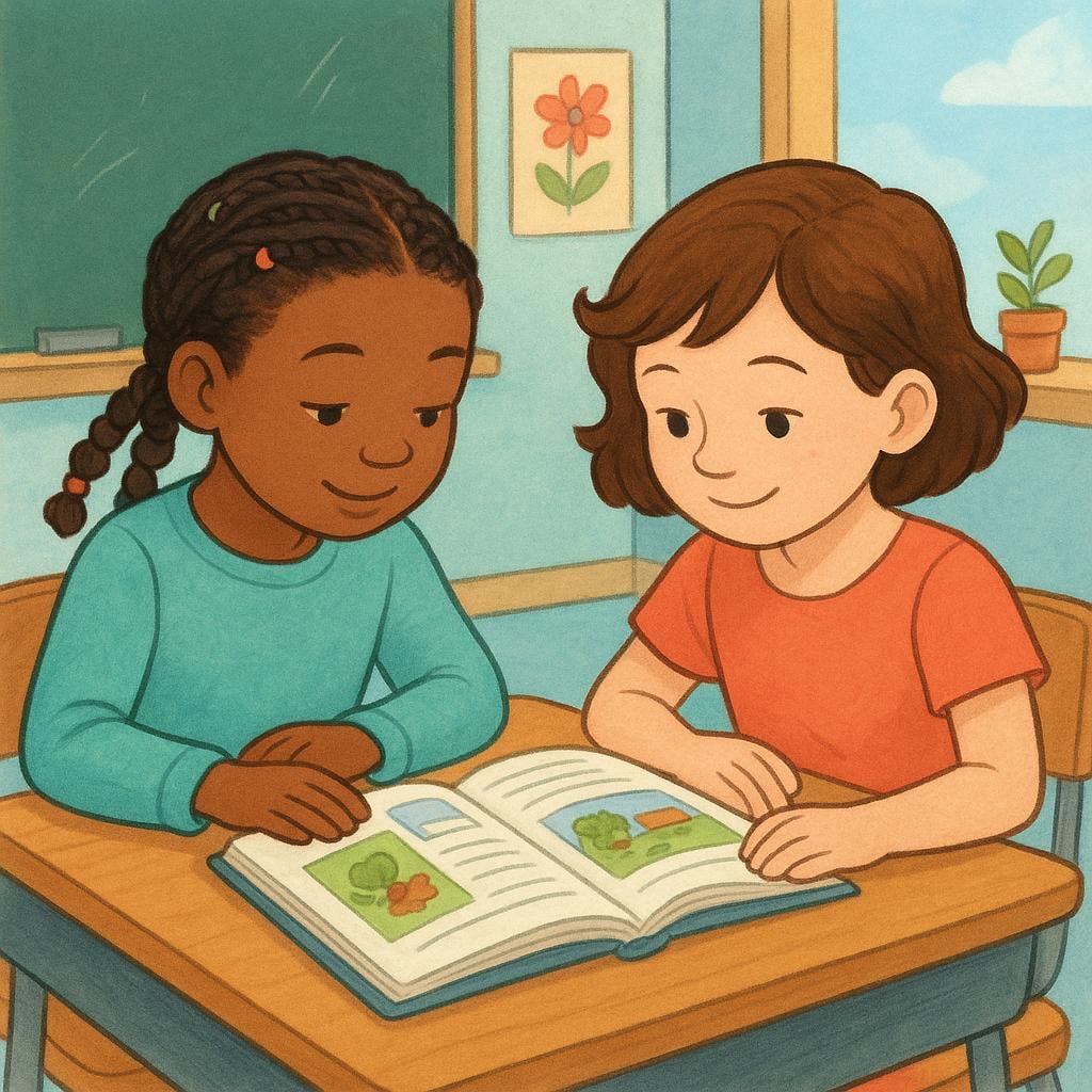 Two young girls sitting at adjacent school desks in a brightly lit classroom, both focusing on an open textbook placed between them, illustrating classmates.