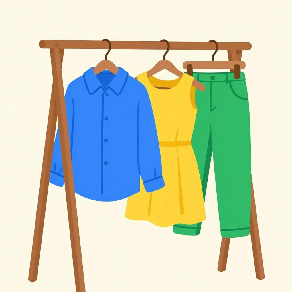 Une variété colorée de vêtements comprenant une chemise, une robe et une paire de pantalons suspendus sur un simple portant.