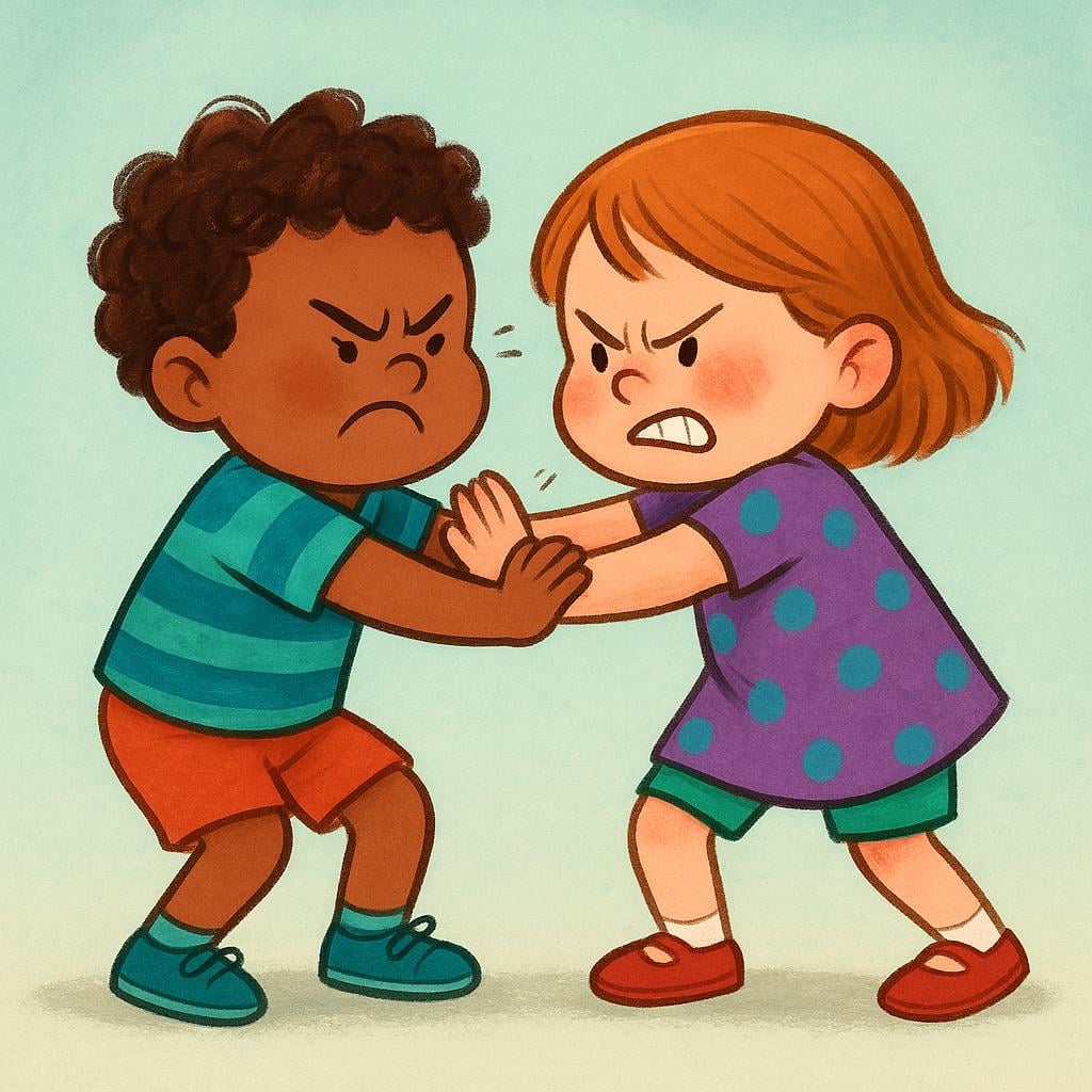 Two cartoon children are engaged in a physical fight, pushing and shoving each other forcefully with determined expressions.
