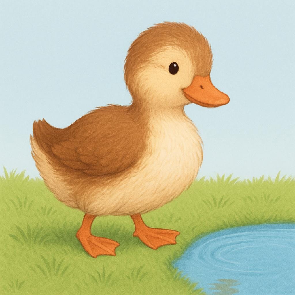 A simple illustration of a brown and white female duck standing on green grass.