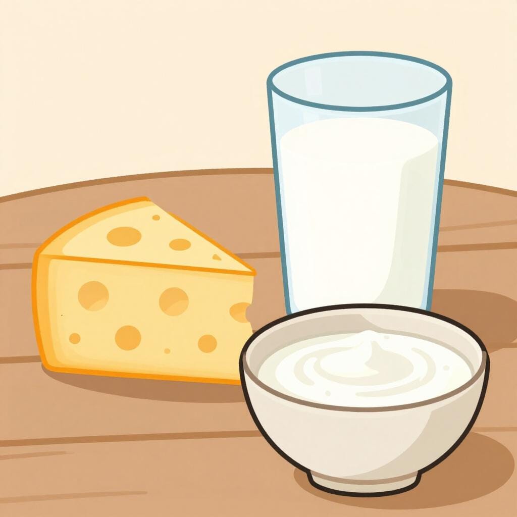 A glass of fresh milk sitting next to a chunk of cheese and a small bowl of yogurt.