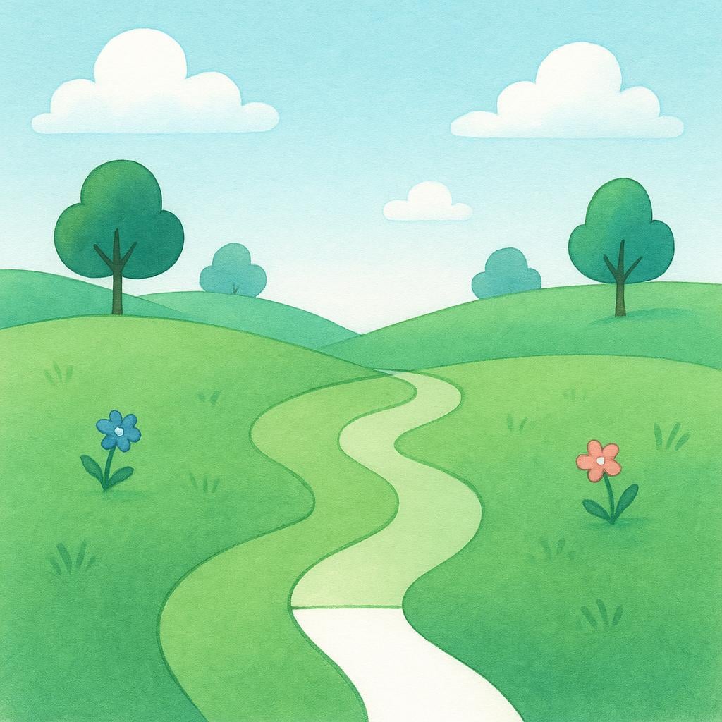 A high quality simple colorful storybook illustration showing a winding, continuous path that features a short, empty gap in the middle, symbolizing a momentary stop before the path continues.