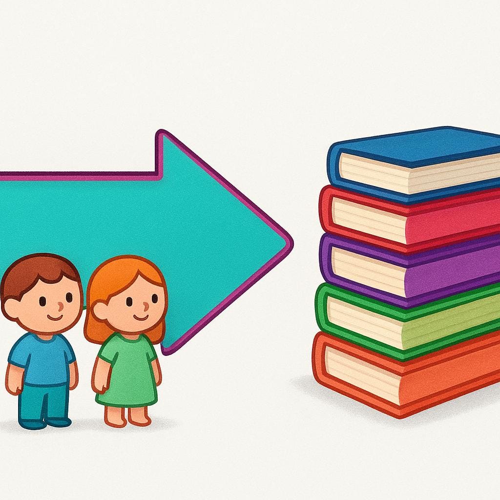 Twee kleine, cartoonachtige figuren die naast een gigantische, felgekleurde pijl staan die rechtstreeks wijst naar een nette stapel boeken, wat een aanbeveling of verplichting illustreert.