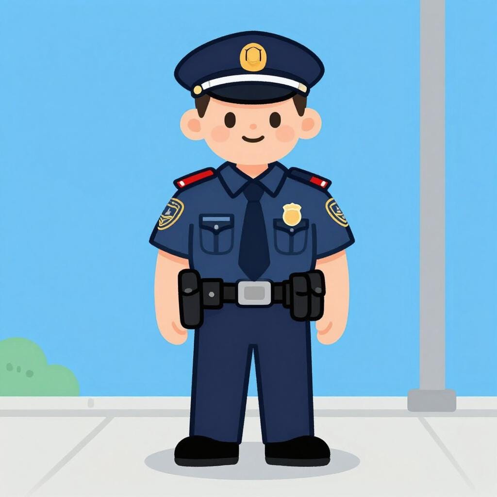 Um policial em uniforme azul em pé profissionalmente.