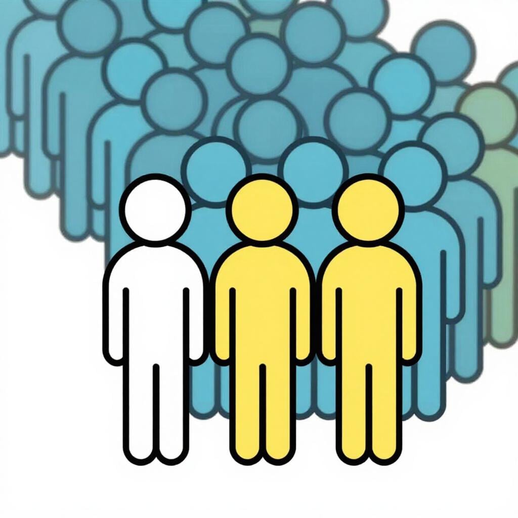 Three simple male figures standing triumphantly on a small hill, clearly ahead of a long line of other figures trailing behind them, emphasizing their position as the first ones.