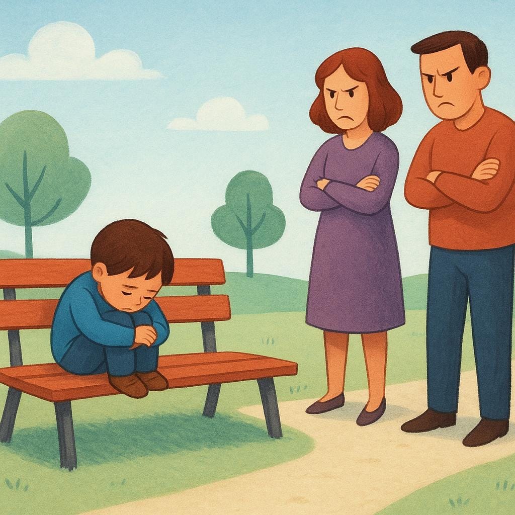 Uma figura triste e isolada sentada em um banco enquanto outras duas figuras estão por perto usando linguagem corporal dura e pouco acolhedora direcionada a ela.