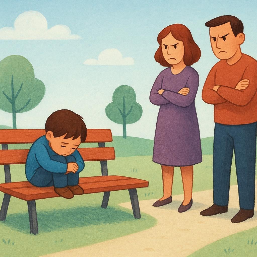 A sad, isolated figure sitting on a bench while two other figures stand nearby using harsh, unwelcoming body language directed toward them.