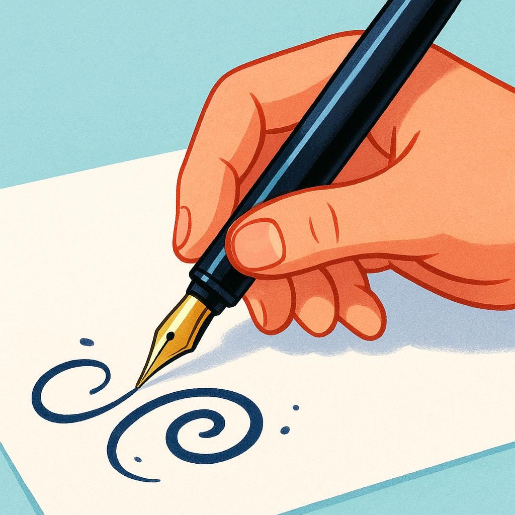 A close-up view of a hand holding a fountain pen, actively drawing a unique, looping signature onto a piece of white paper.