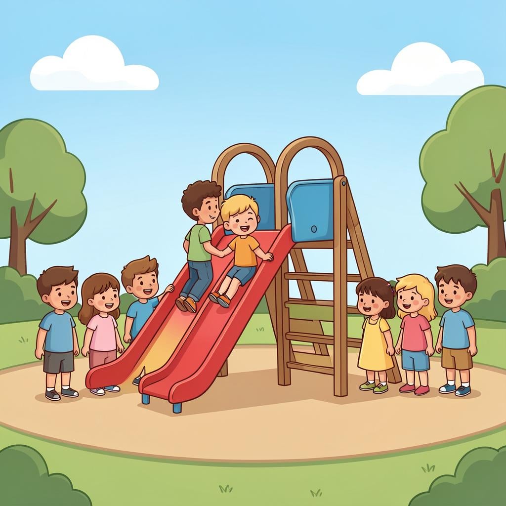 A line of diverse children waiting behind a colorful slide, with one child at the top and the others standing patiently in a queue.