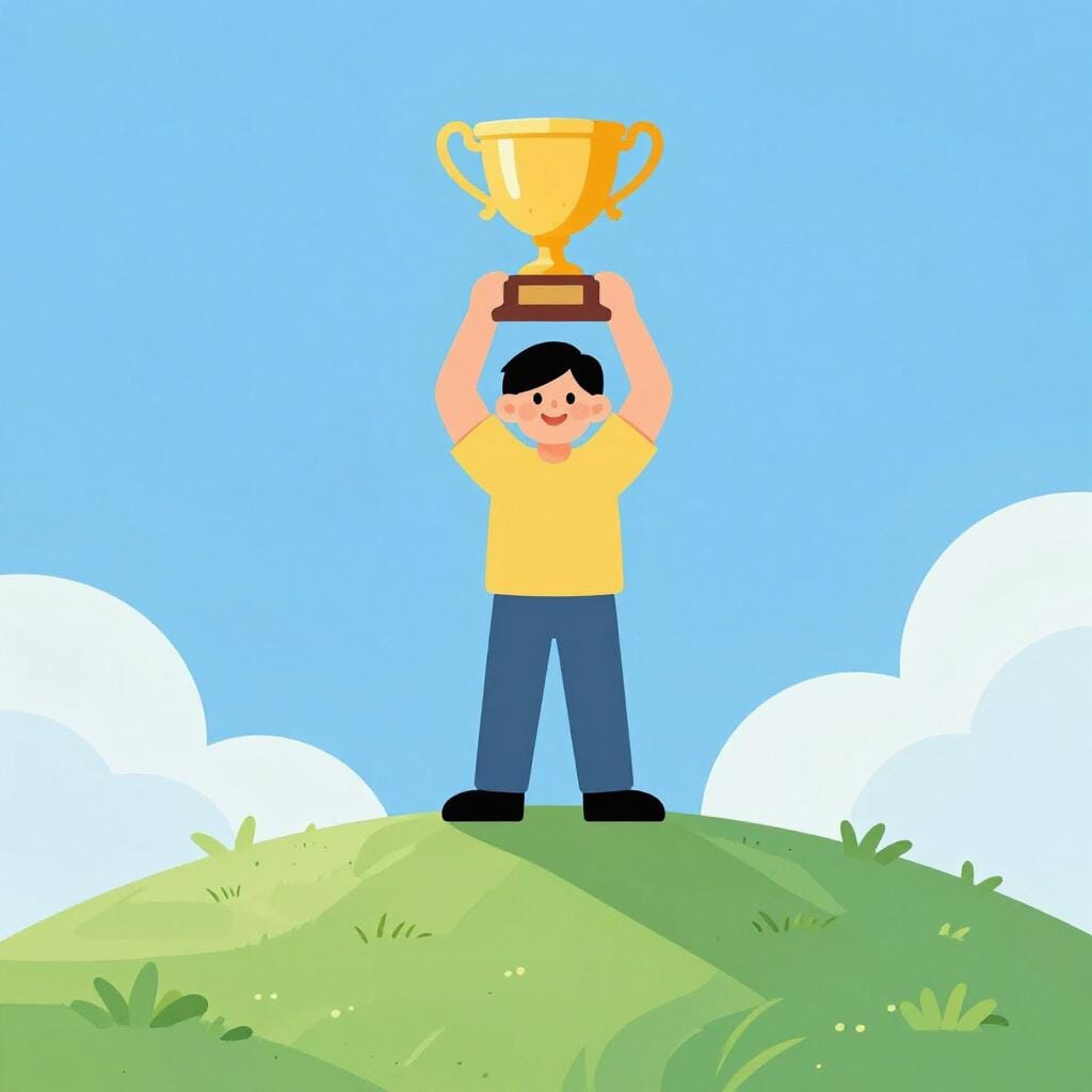 Une personne debout au sommet d'une colline verte, tenant un grand trophée en l'air.