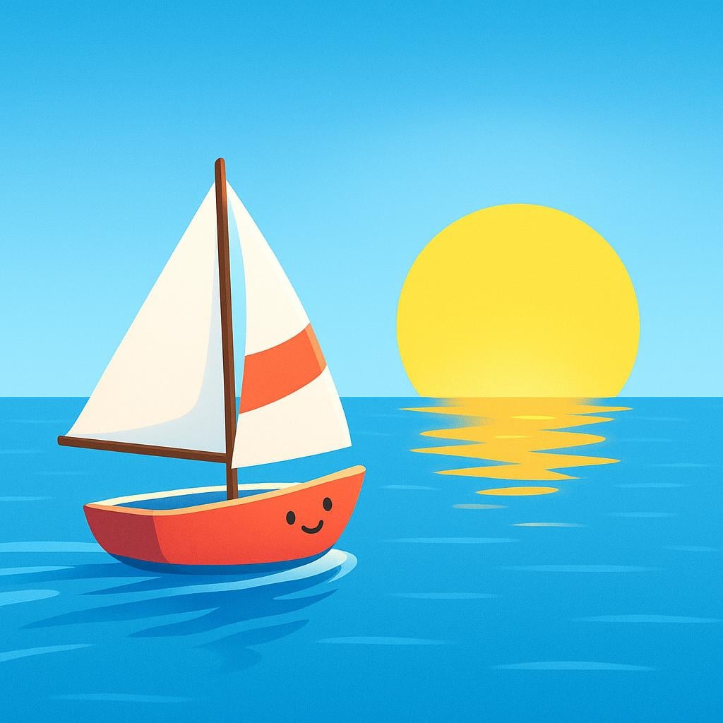 A small, cheerful sailboat gliding smoothly and quickly across calm blue water toward a large, bright yellow rising sun on the horizon.