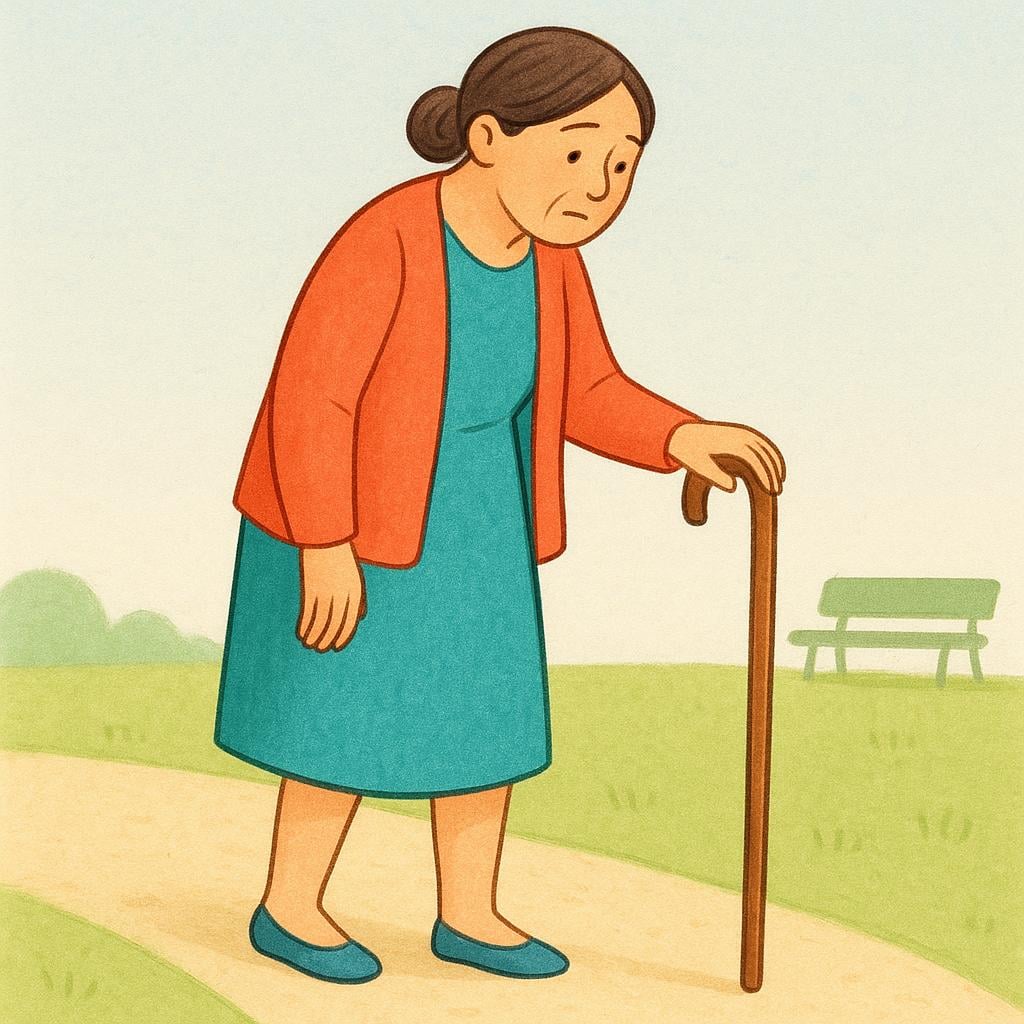 A woman standing and leaning slightly on a wooden cane, indicating difficulty walking.