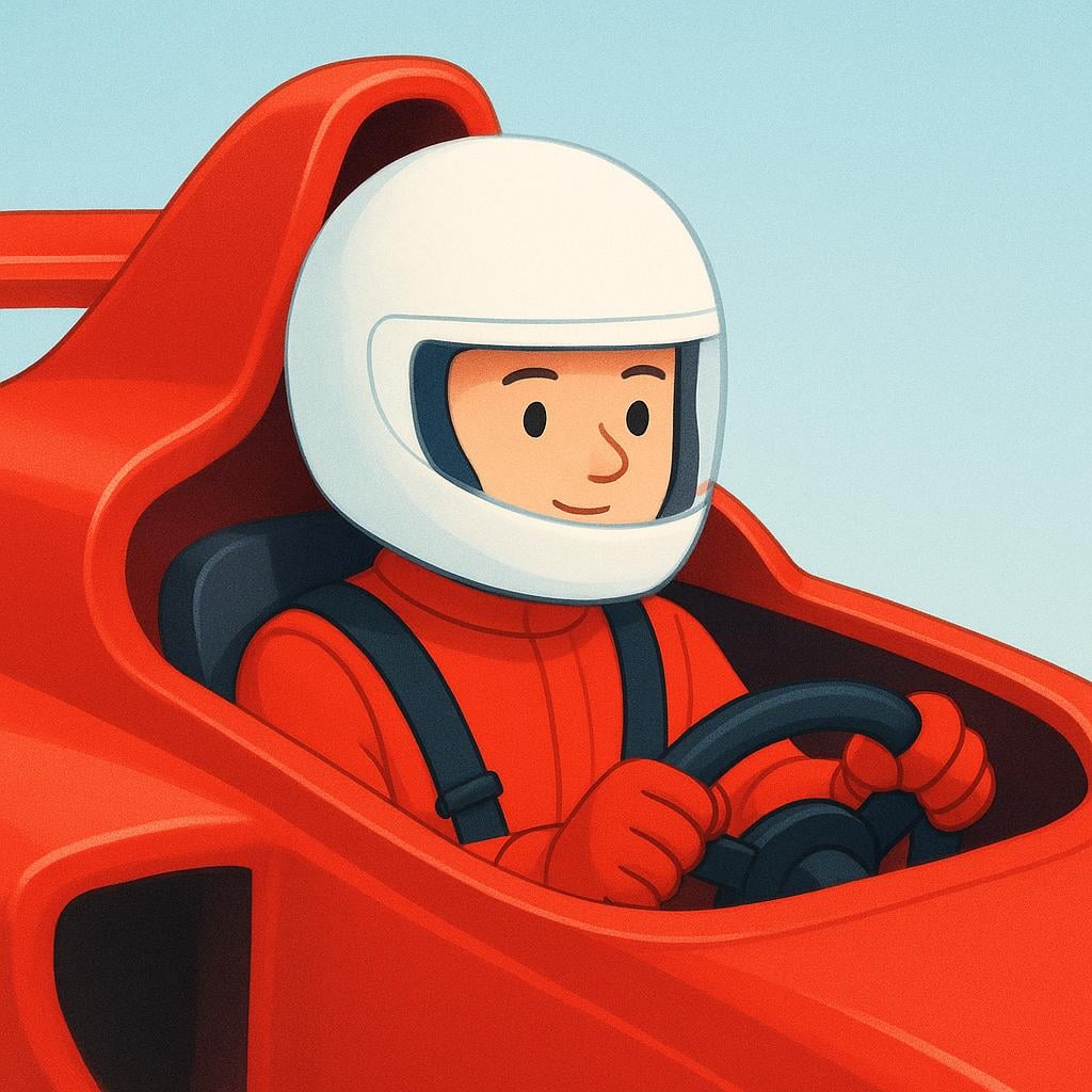 A cartoon race car driver wearing a helmet and fire-resistant suit, sitting focused in a brightly colored formula race car.
