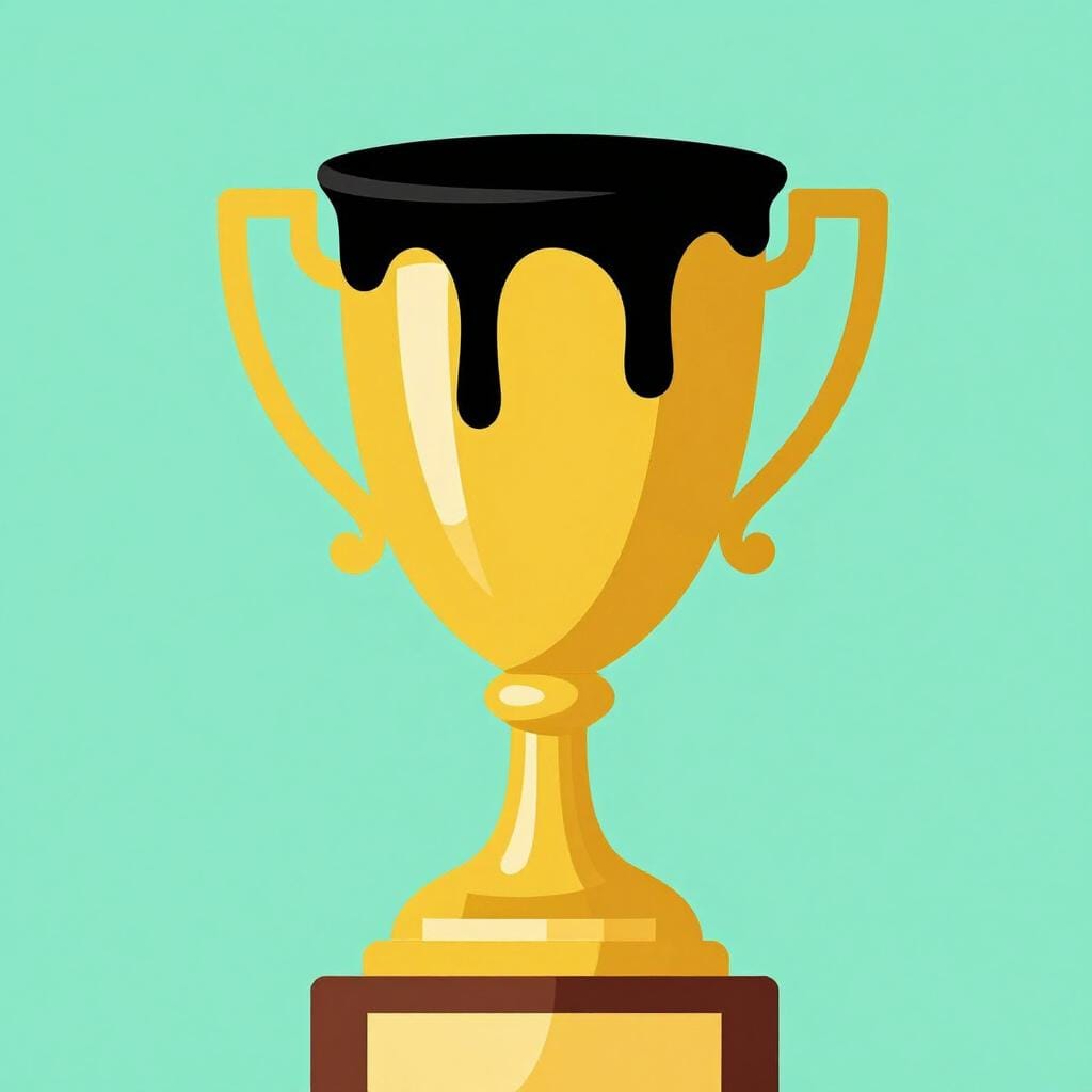 A shiny golden trophy being covered by thick black ink drips.