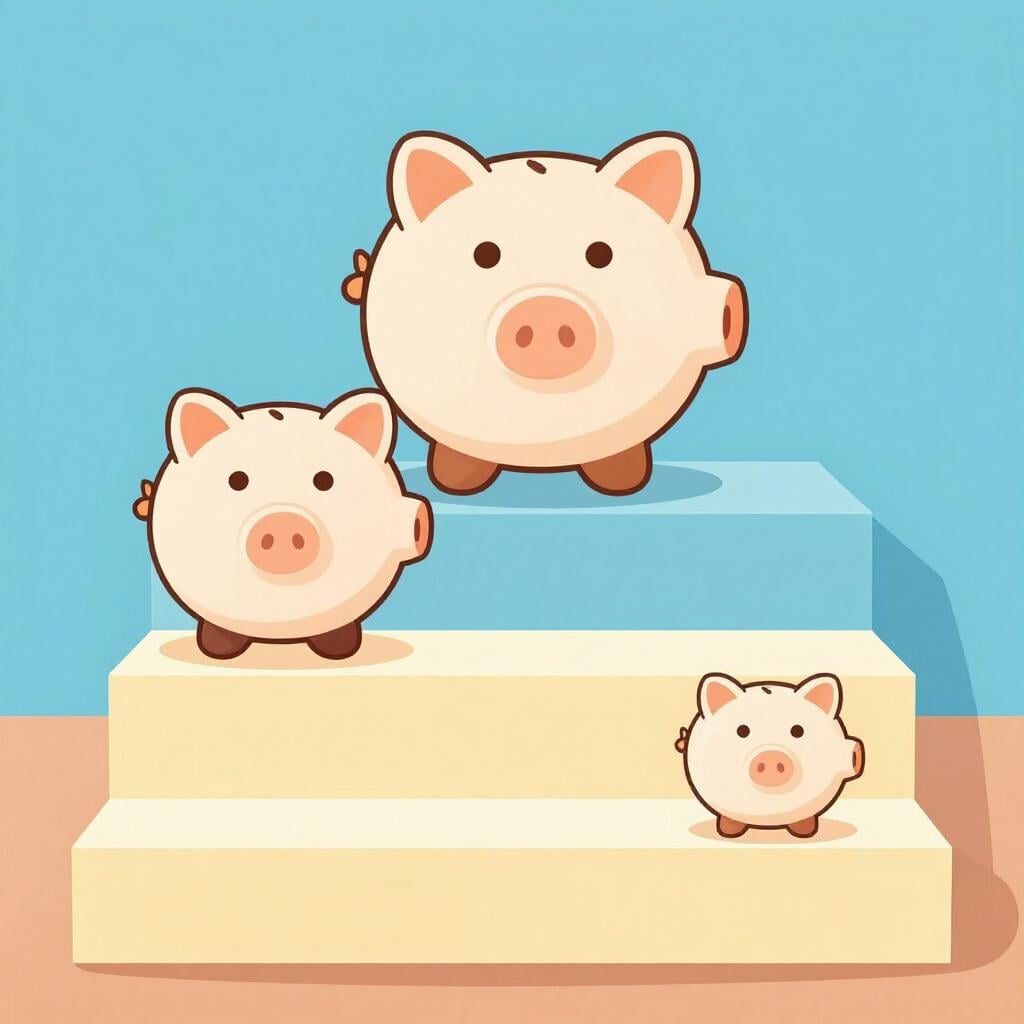 A series of three colorful piggy banks of increasing sizes, each sitting on its own distinct step.
