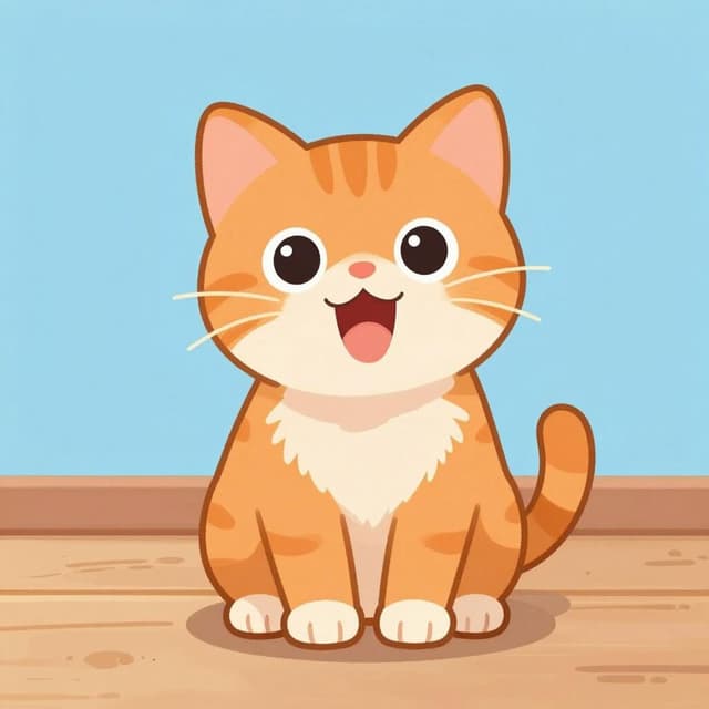 A small orange cat sitting down with its mouth open as if it is meowing.