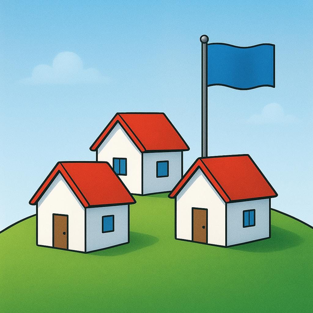 A small, simple historical settlement of several identical houses clustered together near a flagpole on a green hill.