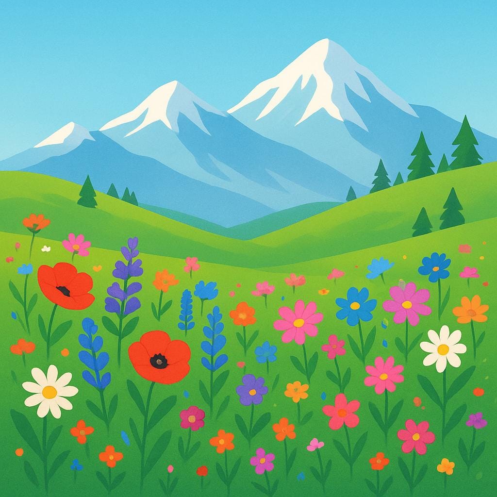 Un rigoglioso prato di montagna verde esploso di fiori selvatici rossi, gialli e viola sotto un cielo azzurro brillante.