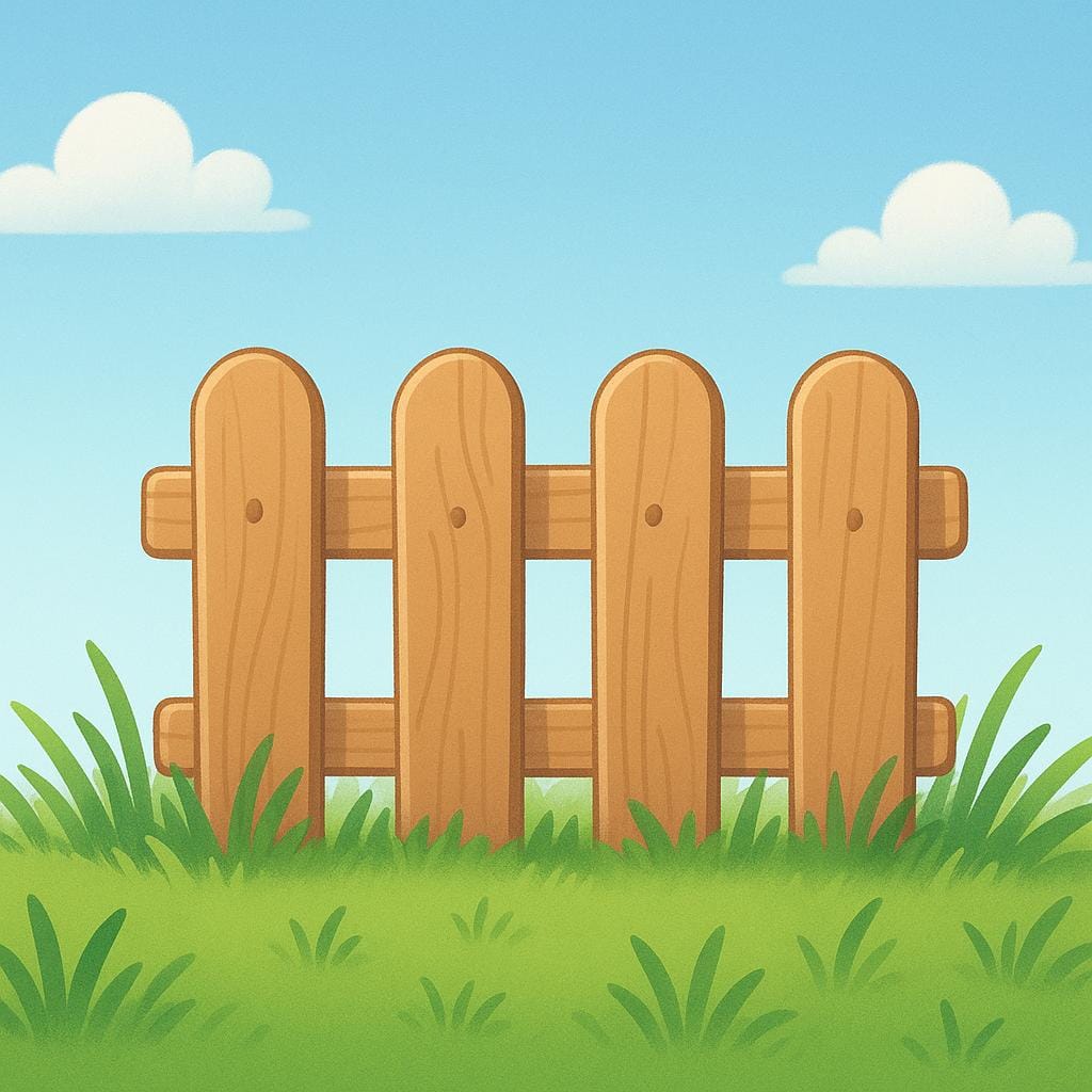 A colorful illustration of a very short wooden fence standing just above the green grass, representing low height.