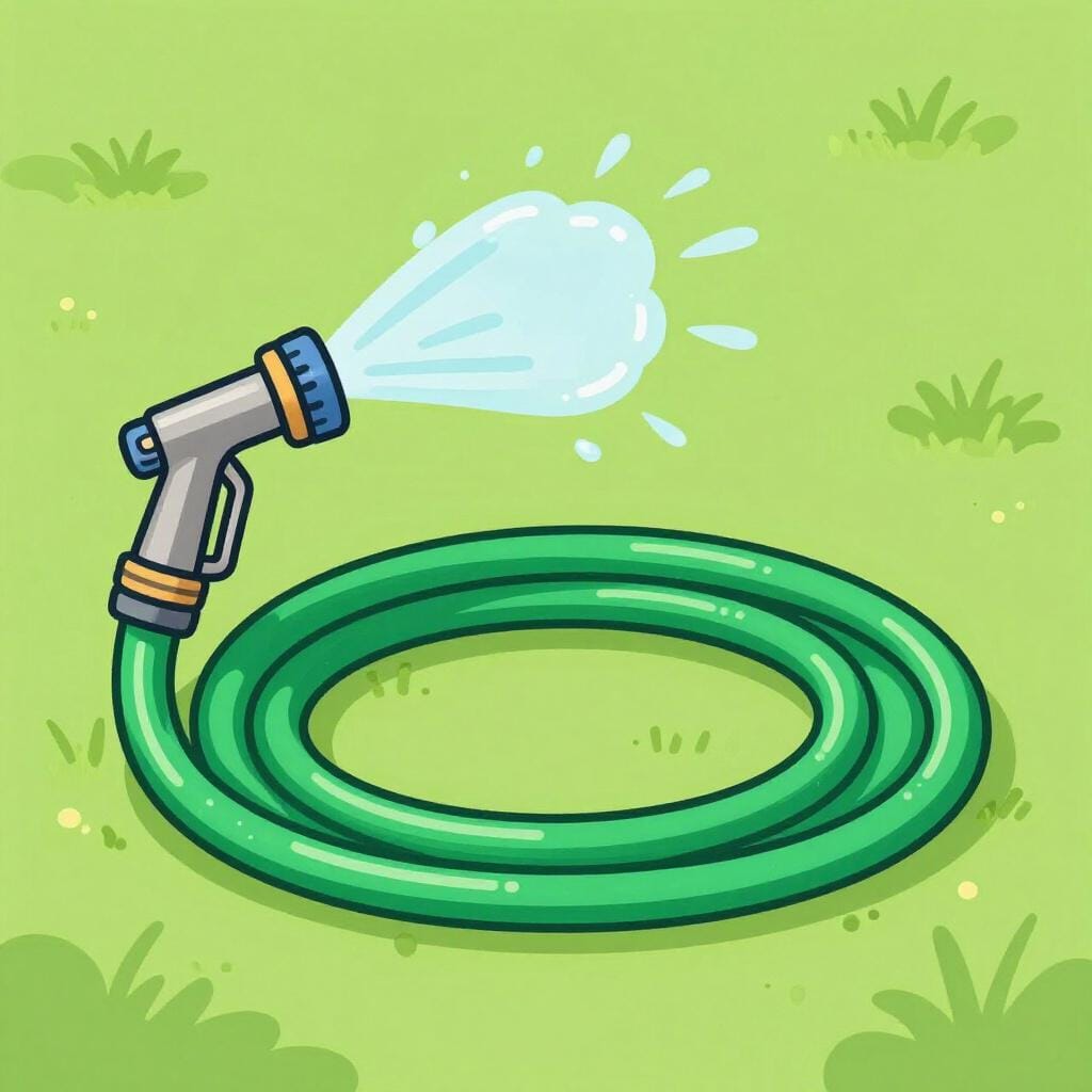 A colorful garden hose coiled on a lush green lawn with water droplets sparkling.