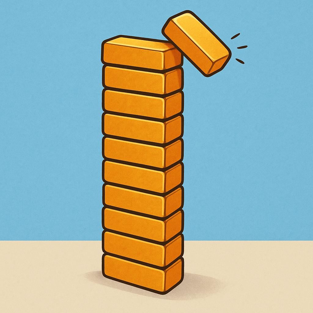 A tall stack of golden rectangular blocks is shown. The topmost block is visibly tilting and slipping off the side, illustrating a decline.