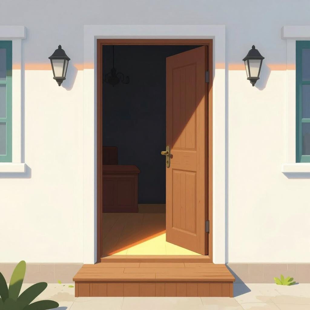 Un seuil en bois à la base d'une porte ouverte menant à une maison confortable.