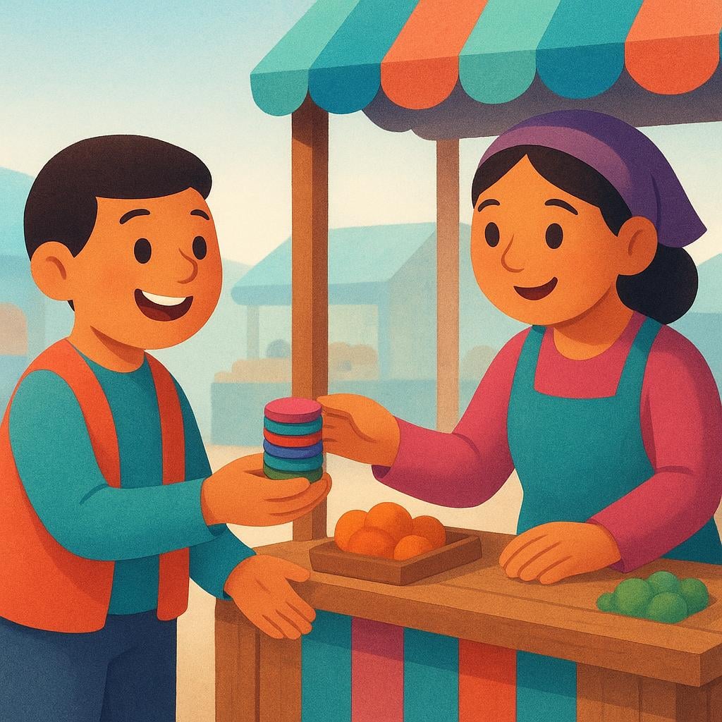 Two colorful figures standing at a simple market counter. One figure is happily handing a stack of coins to the second figure, who is receiving the payment.