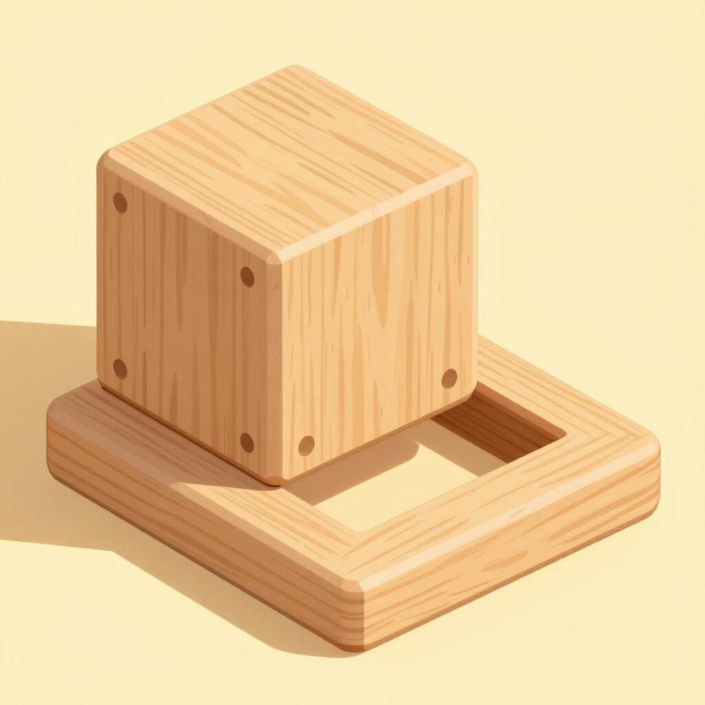 A square block being placed into a square-shaped hole in a wooden board.