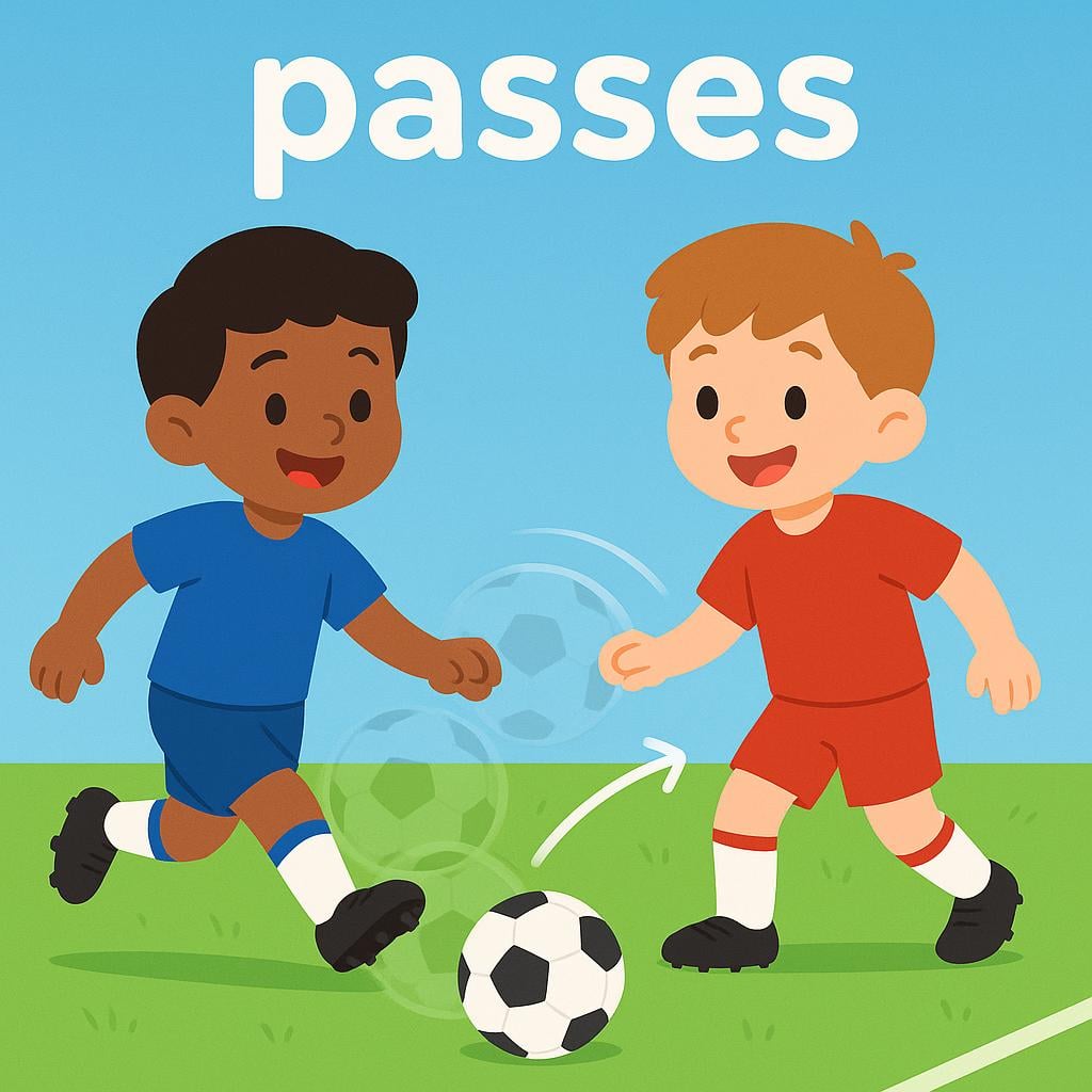 Two simple cartoon soccer players on a field. One player is kicking a ball toward the other, symbolizing a series of successful 'passes.'
