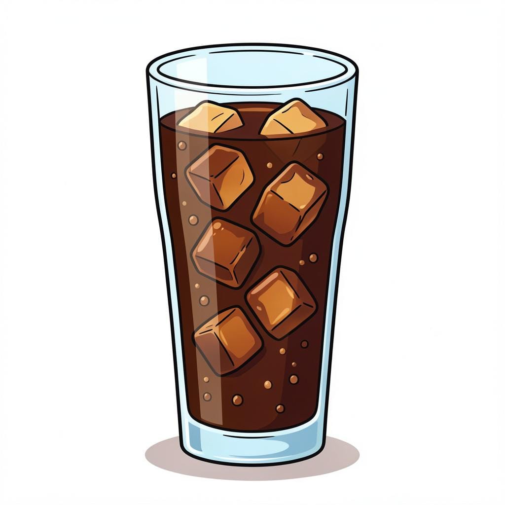 A tall glass filled with dark carbonated soda and ice cubes, with small bubbles rising to the top.