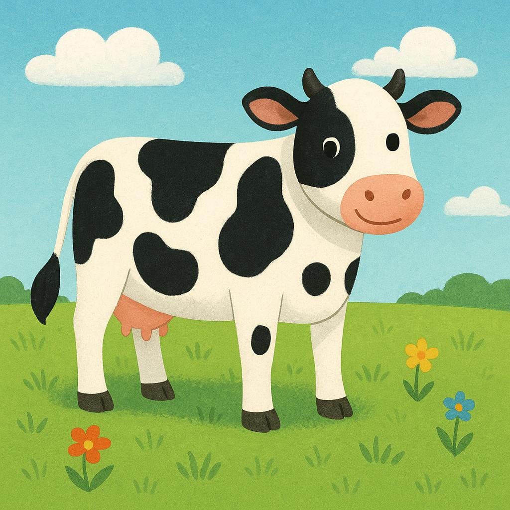 A friendly, cartoon-style black and white spotted cow standing in a grassy meadow under a bright blue sky.