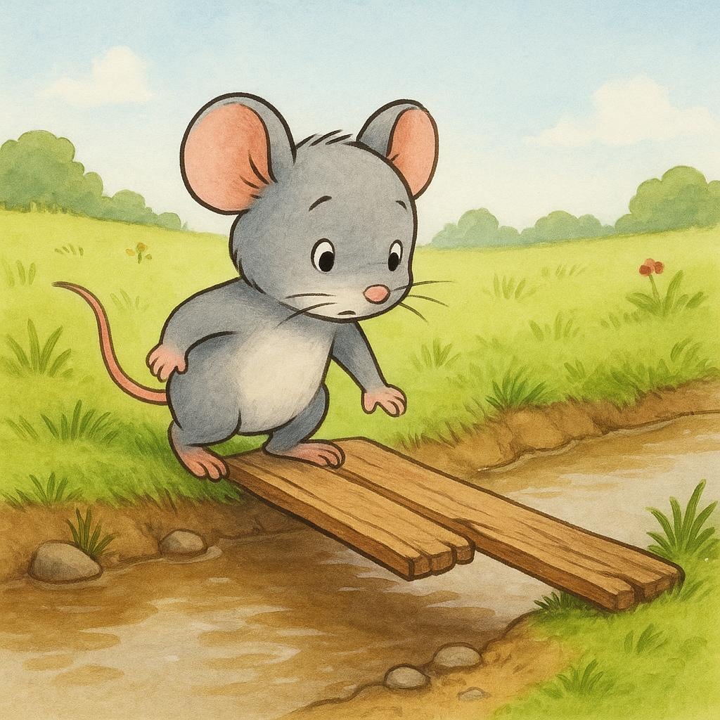 A small cartoon mouse looking nervous as it steps onto a fragile, broken wooden bridge over a muddy creek.