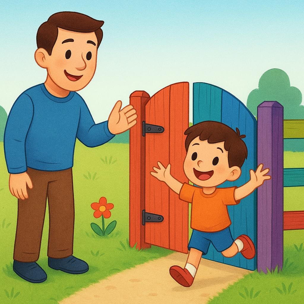 A smiling adult stands next to an open gate in a fence, gesturing with an open hand for a happy child to enter a sunny park.