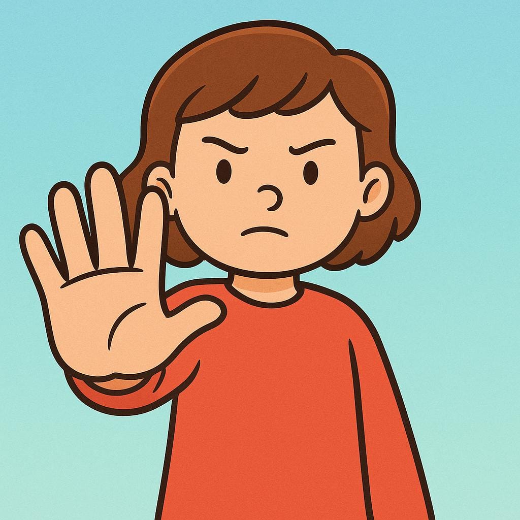 A friendly cartoon character standing with a slightly serious expression, holding one hand up, palm facing outward, in a clear, universal gesture of refusal or denial.